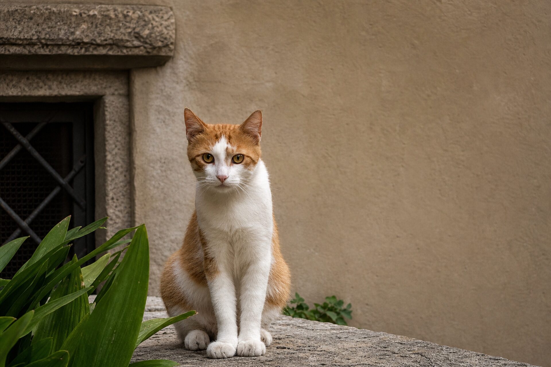 Die Katzen von Labin Orange-weiße Katze auf einem Steinvorsprung in der Altstadt von Labin