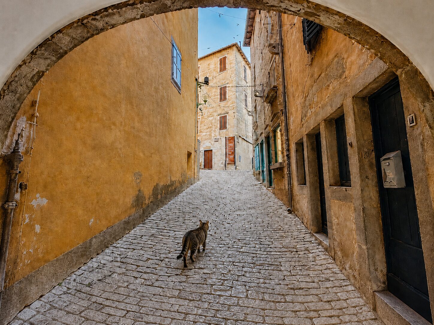 Steinbogen und Gasse in Labin Leere gepflasterte Straße, die unter einem Steinbogen in Labin ansteigt