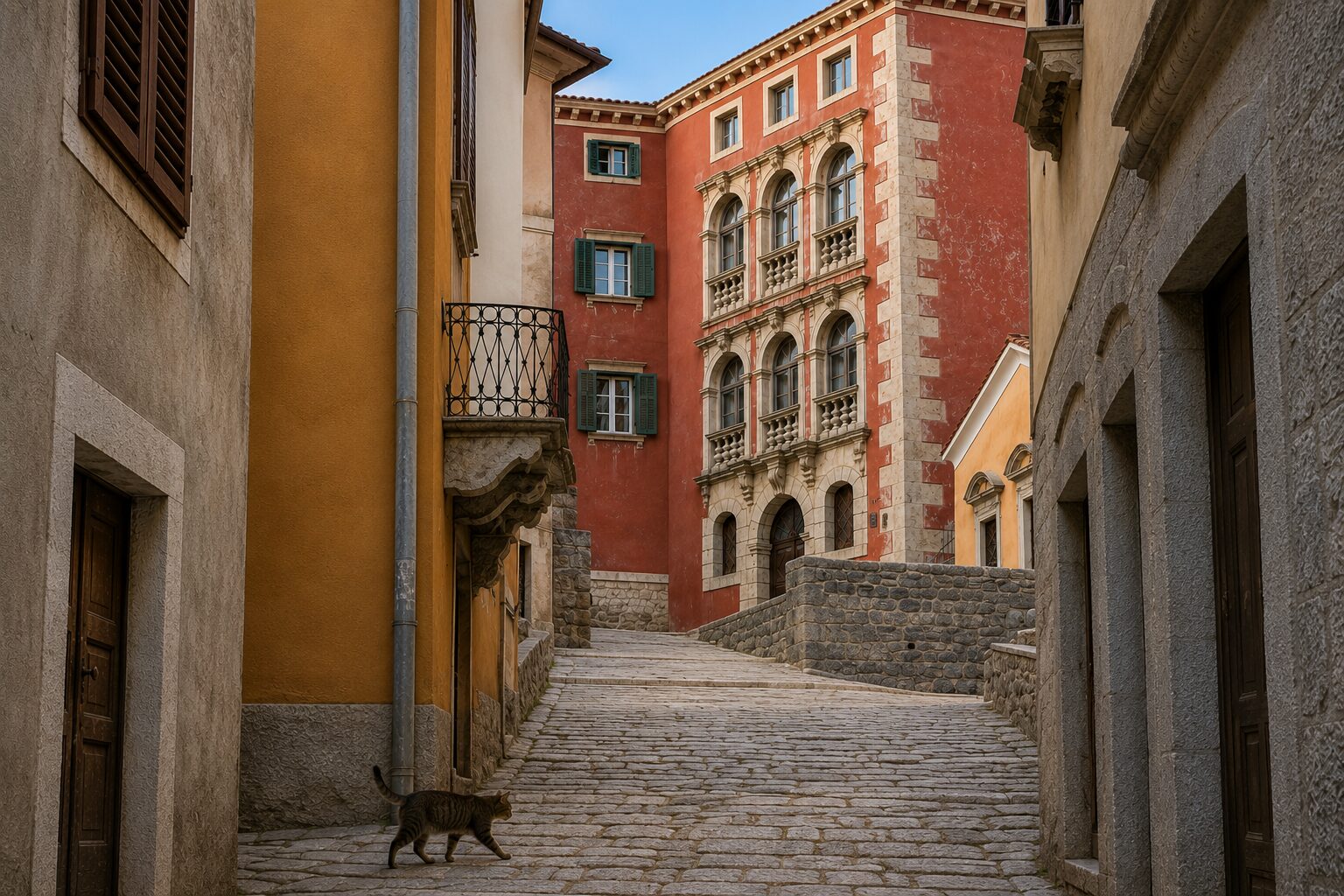 Historische Palastgasse in Labin Gepflasterte Gasse, die zu einem roten historischen Palast in Labin führt