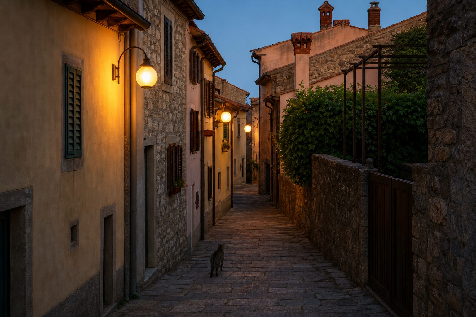 Gasse in Labin bei Dämmerung Warme Straßenlaternen in einer engen Steingasse in Labin bei Einbruch der Dämmerung