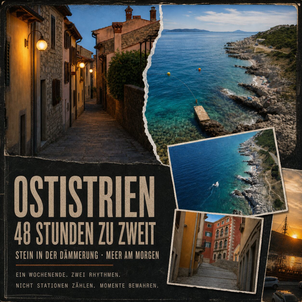Romantisches Wochenende in Ostistrien Editorial-Collage aus echten Labiner Gassen und klarem Meer bei Rabac