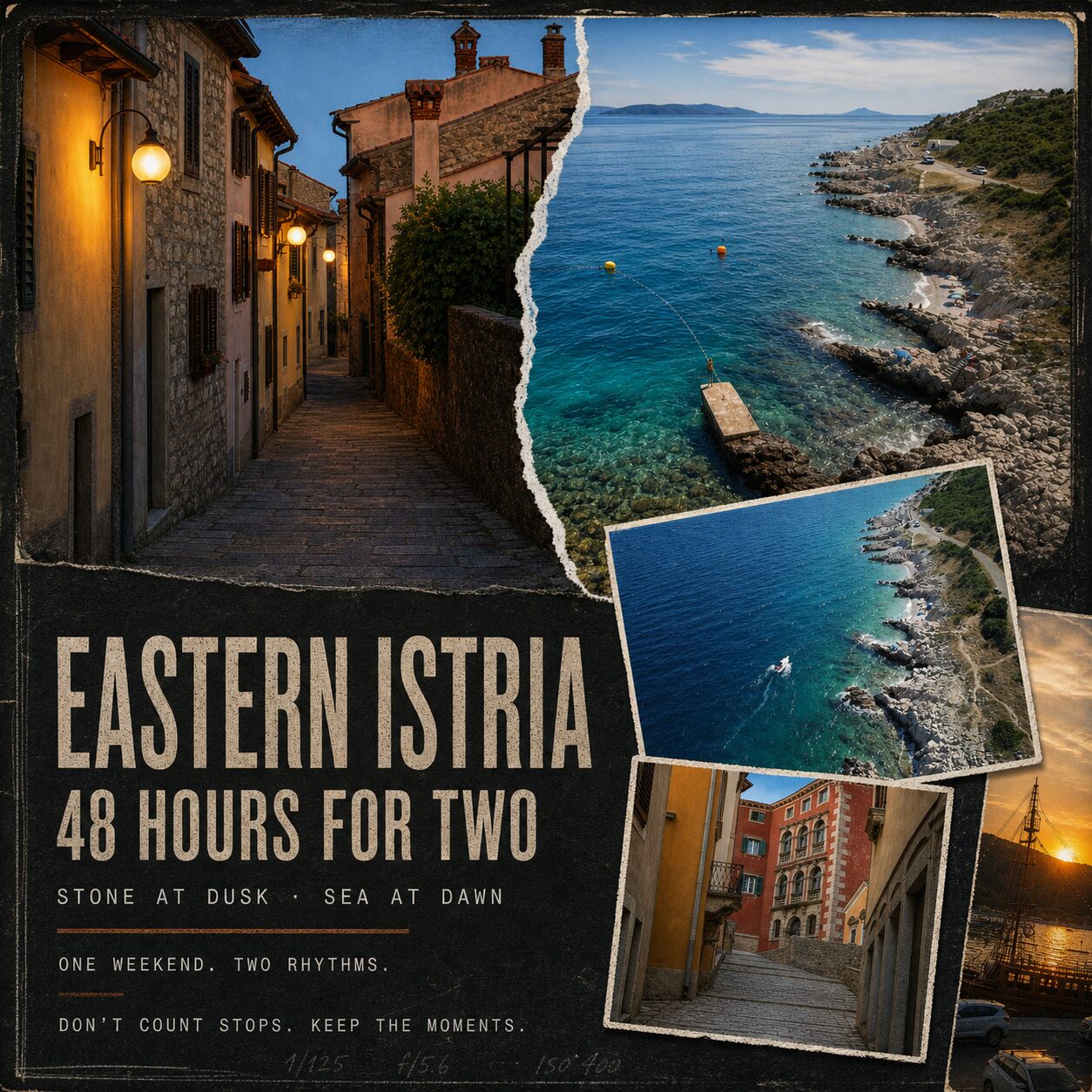A romantic weekend in Eastern Istria Editorial collage of real Labin lanes and the clear coast near Rabac