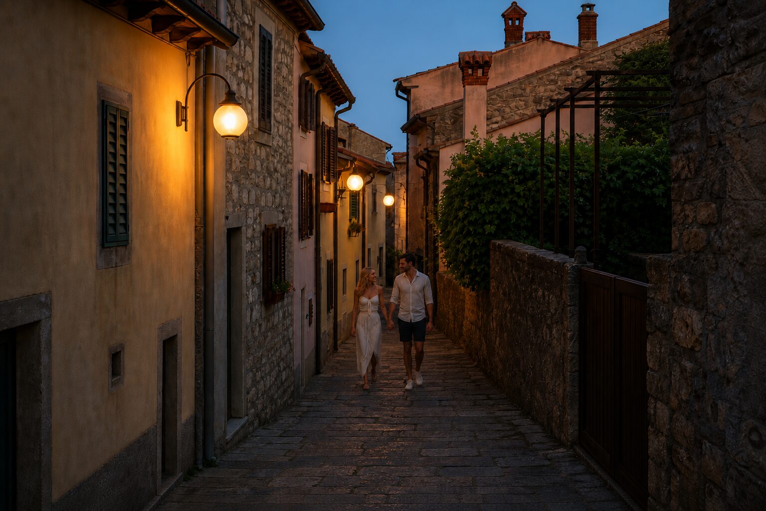 Labin Old Town at blue hour Warm lamps along a quiet stone lane in Labin at blue hour