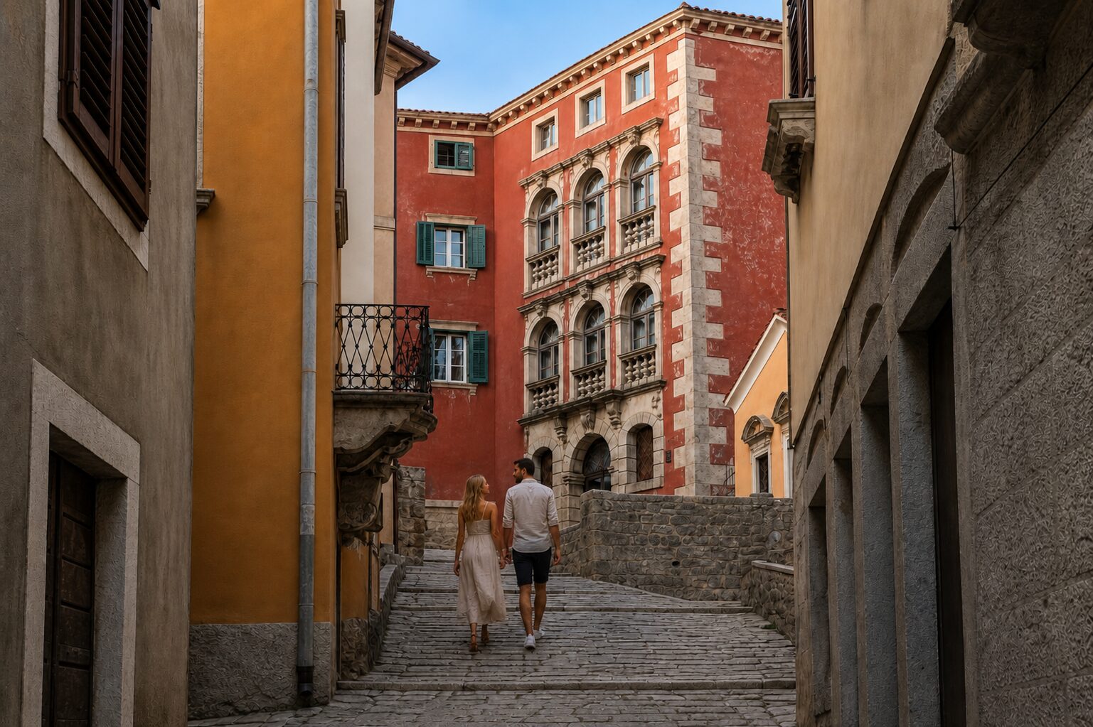 Sunday morning in Labin Old Town A stone lane rising toward a red historic palace in Labin Old Town