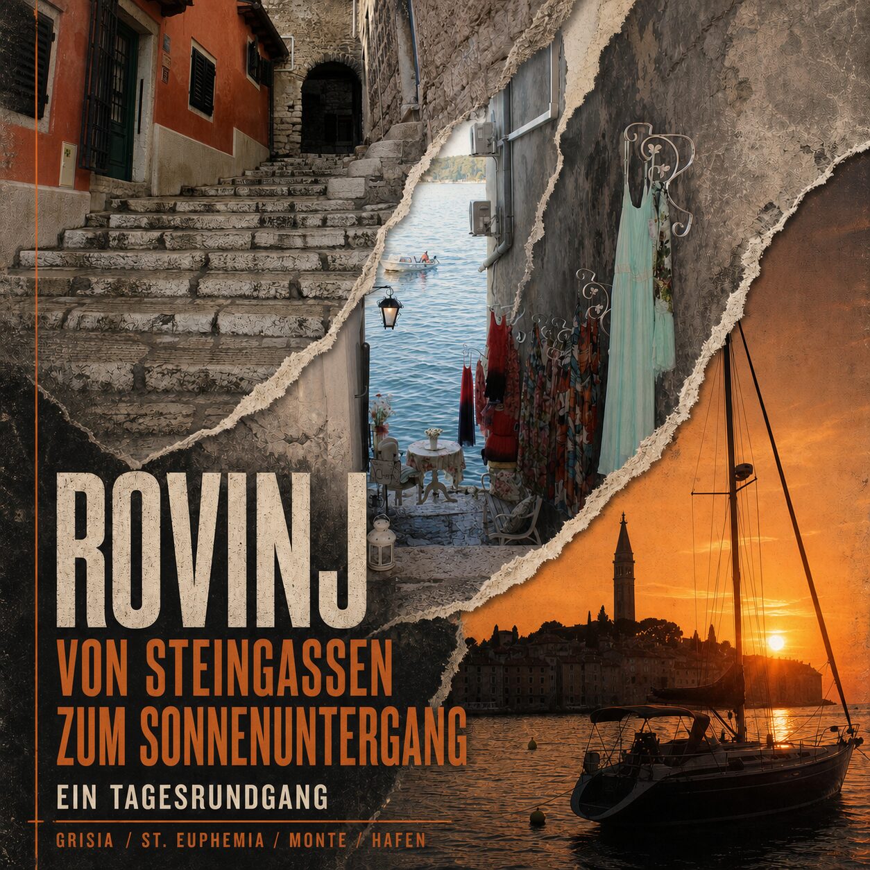 Rovinj von Steingassen bis zum Sonnenuntergang Redaktionelle Collage aus echten Rovinj-Gassen, Häusern am Wasser und Sonnenuntergang