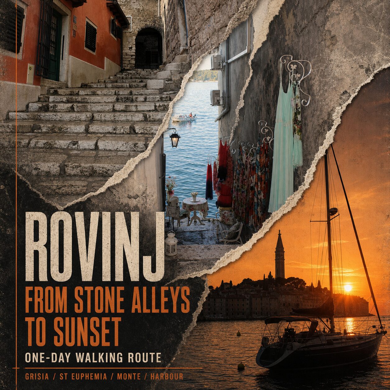Rovinj from stone alleys to sunset Editorial collage of real Rovinj stone alleys, waterfront houses and sunset