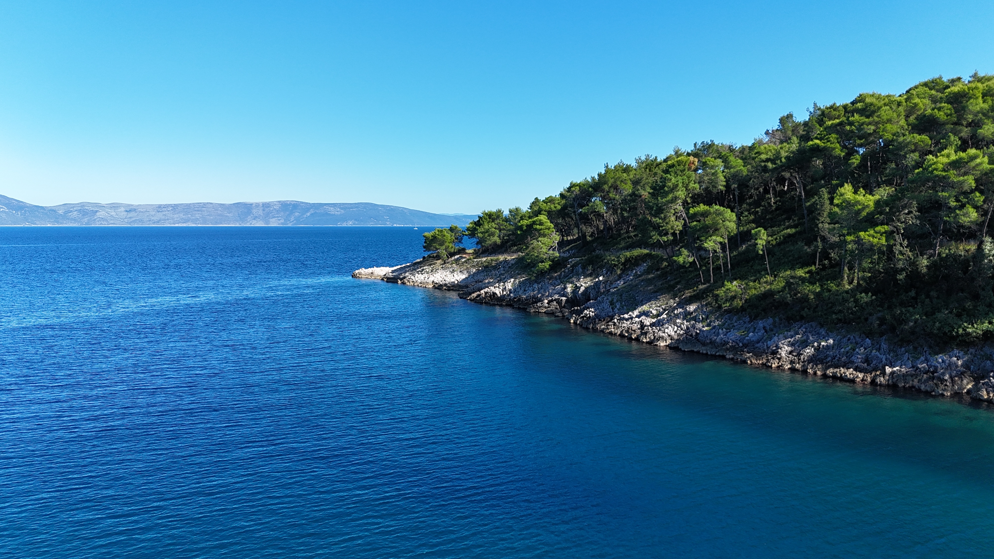 Rocky coast and clear water at Sveta Marina Deep blue water beside the rocky, pine-covered Sveta Marina coast