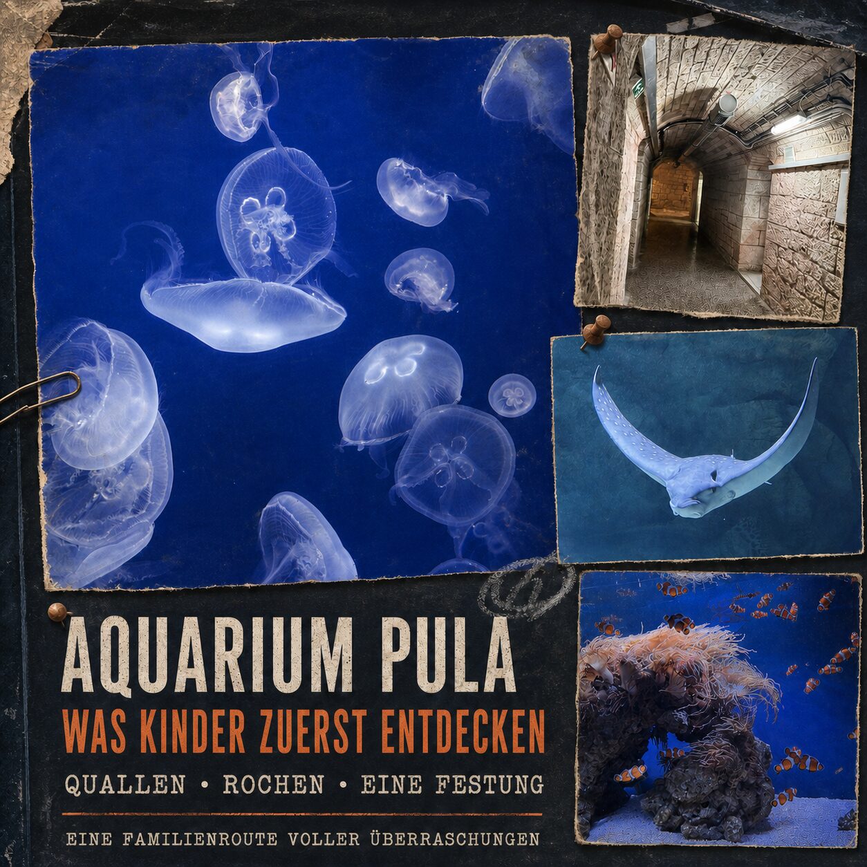 Was Kinder im Aquarium Pula wirklich entdecken Redaktionelle Collage aus echten Aquarium-Pula-Fotos mit Quallen, Rochen und Fort Verudela