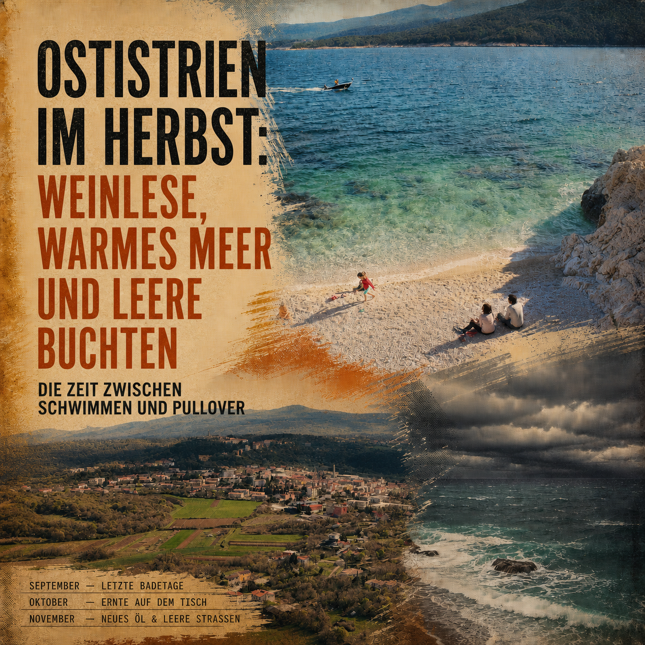 Ostistrien im Herbst Redaktionelle Collage aus einer leeren Bucht bei Rabac, der Landschaft um Labin und Herbstwetter an Istriens Ostküste