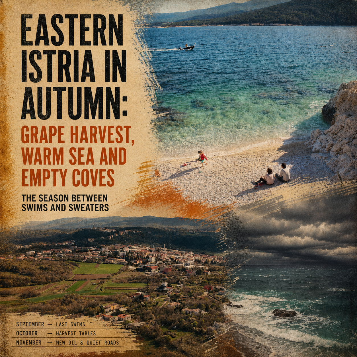 Eastern Istria in autumn Editorial collage of an empty Rabac cove, Labin countryside and autumn weather on the eastern Istrian coast