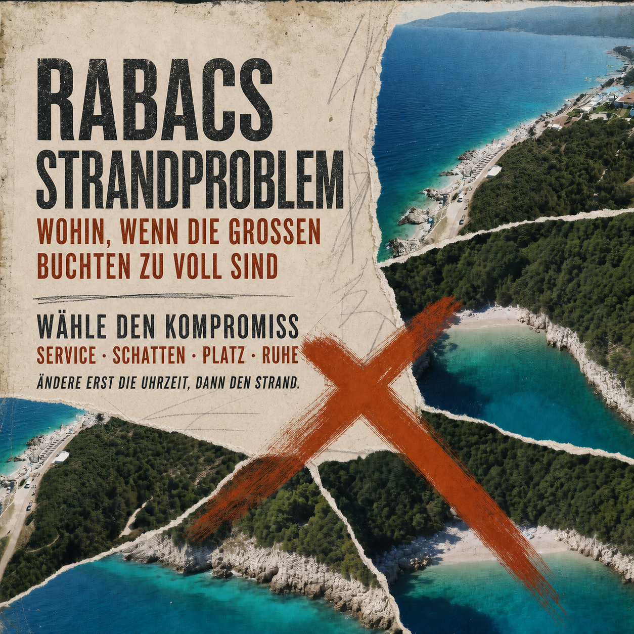 Rabacs Strandproblem: die passende Bucht finden Editorial-Collage mit Rabacs Hauptstrand und ruhigeren Buchten an Istriens Ostküste