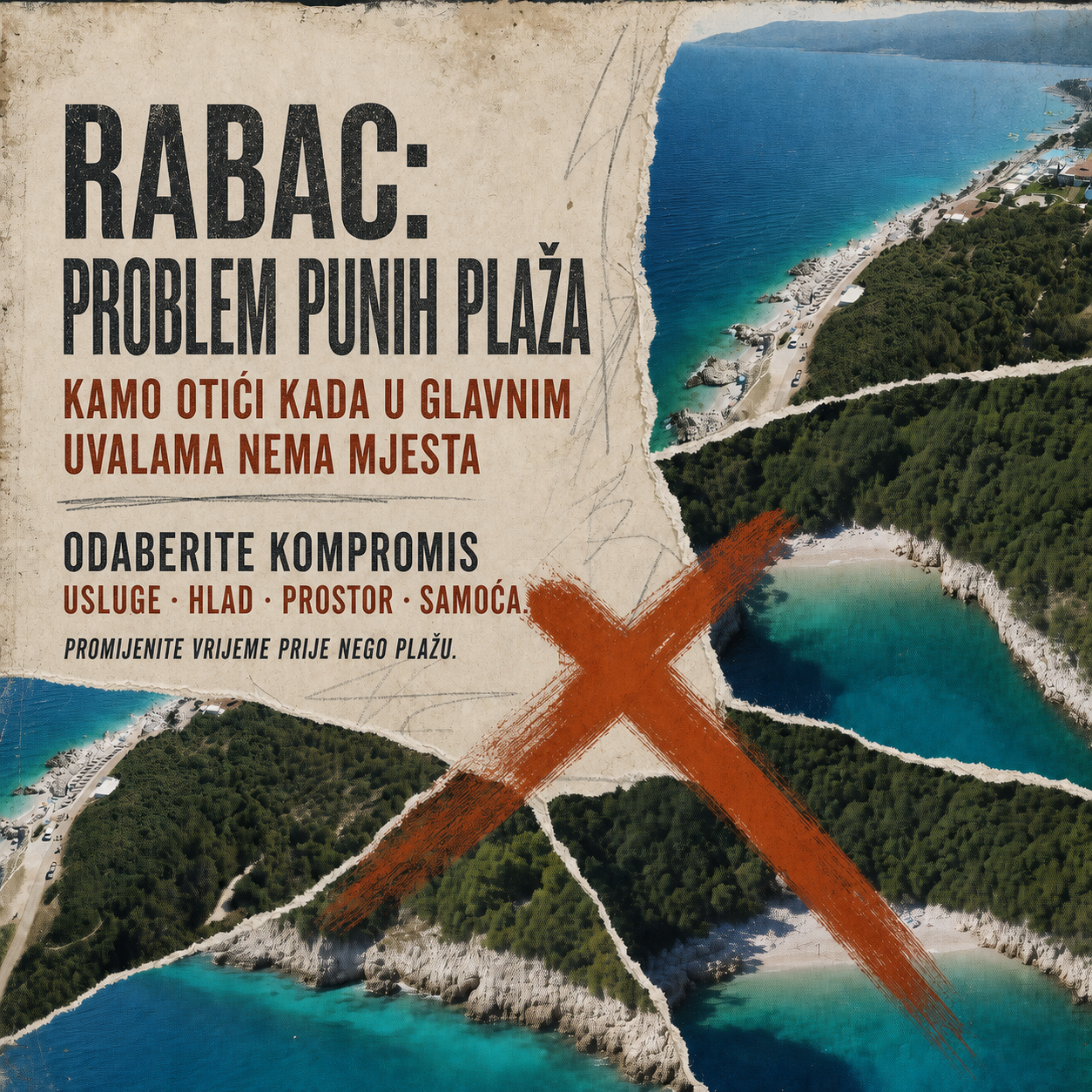 Problem punih plaža u Rapcu: pronađite pravu uvalu Urednički kolaž koji uspoređuje glavnu plažu u Rapcu s mirnijim uvalama istočne Istre