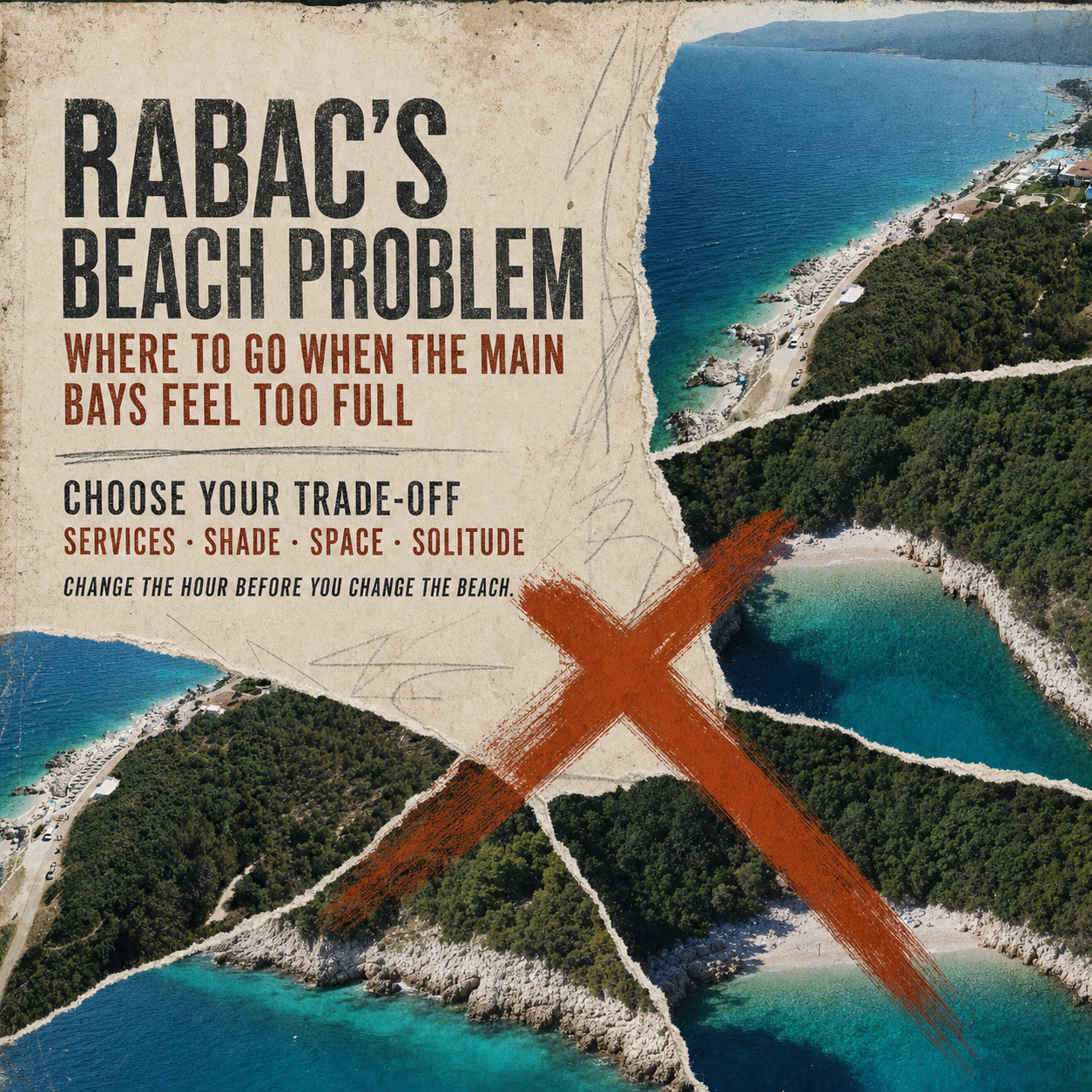 Rabac’s beach problem: find the right cove Editorial collage contrasting Rabac’s main beach with quieter eastern Istrian coves
