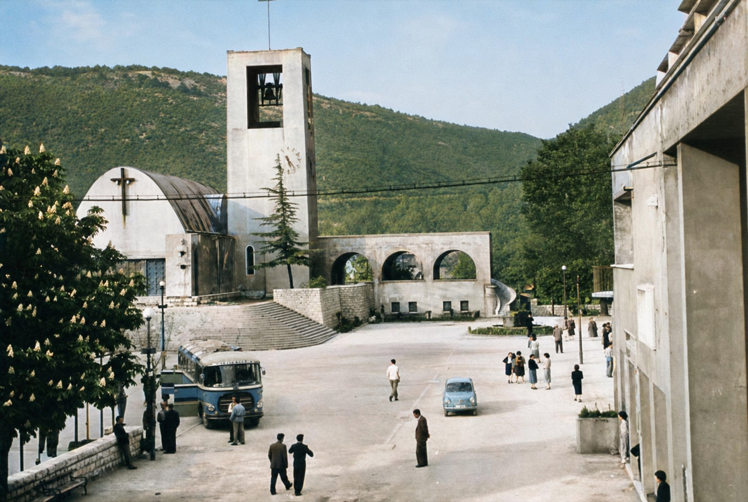 Colorized archival view of Raša central square in the socialist period Colorized archival view of Raša central square in the socialist period