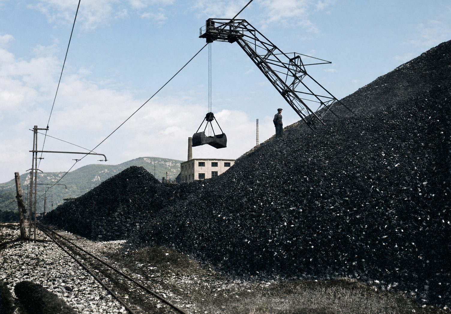 Colorized archival view of coal sorting infrastructure near Raša Colorized archival view of coal sorting infrastructure near Raša