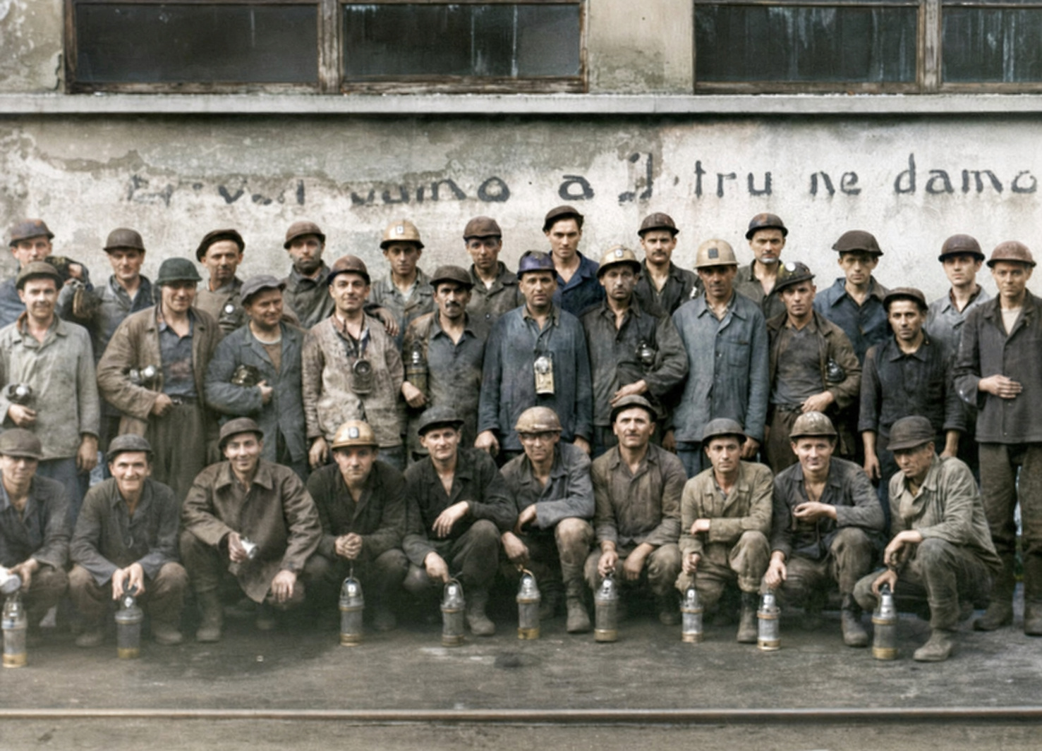 Colorized archival group portrait of Raša miners in the 1950s Colorized archival group portrait of Raša miners in the 1950s