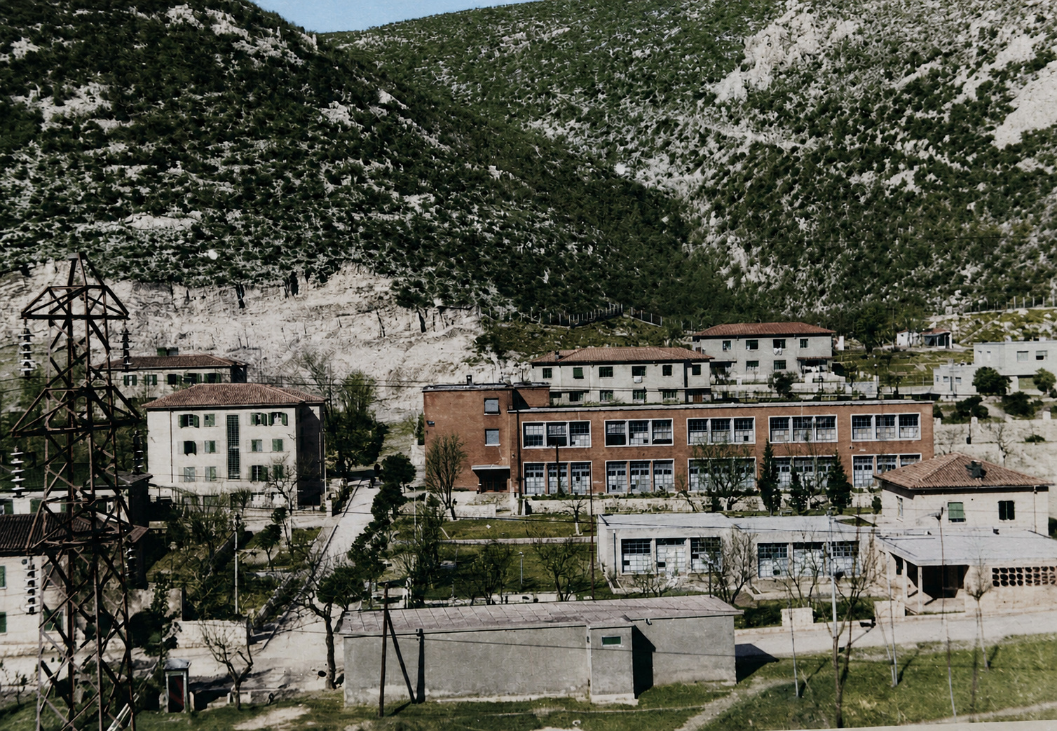 Colorized archival view of school, kindergarten and housing in Raša Colorized archival view of school, kindergarten and housing in Raša