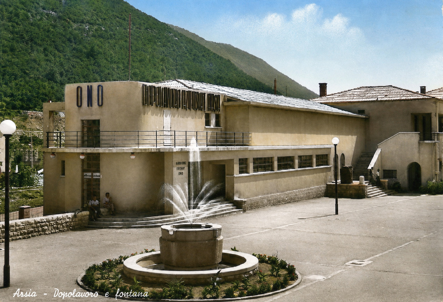 Colorized archival view of Raša cinema and civic buildings Colorized archival view of Raša cinema and civic buildings