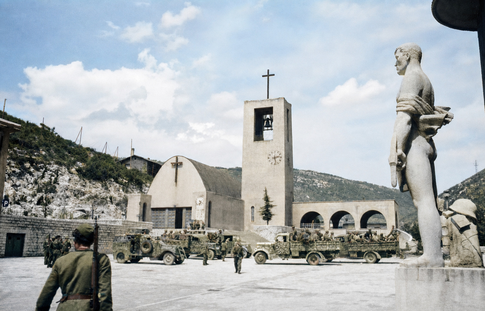 Colorized archival view of Raša square during the 1944 occupation Colorized archival view of Raša square during the 1944 occupation