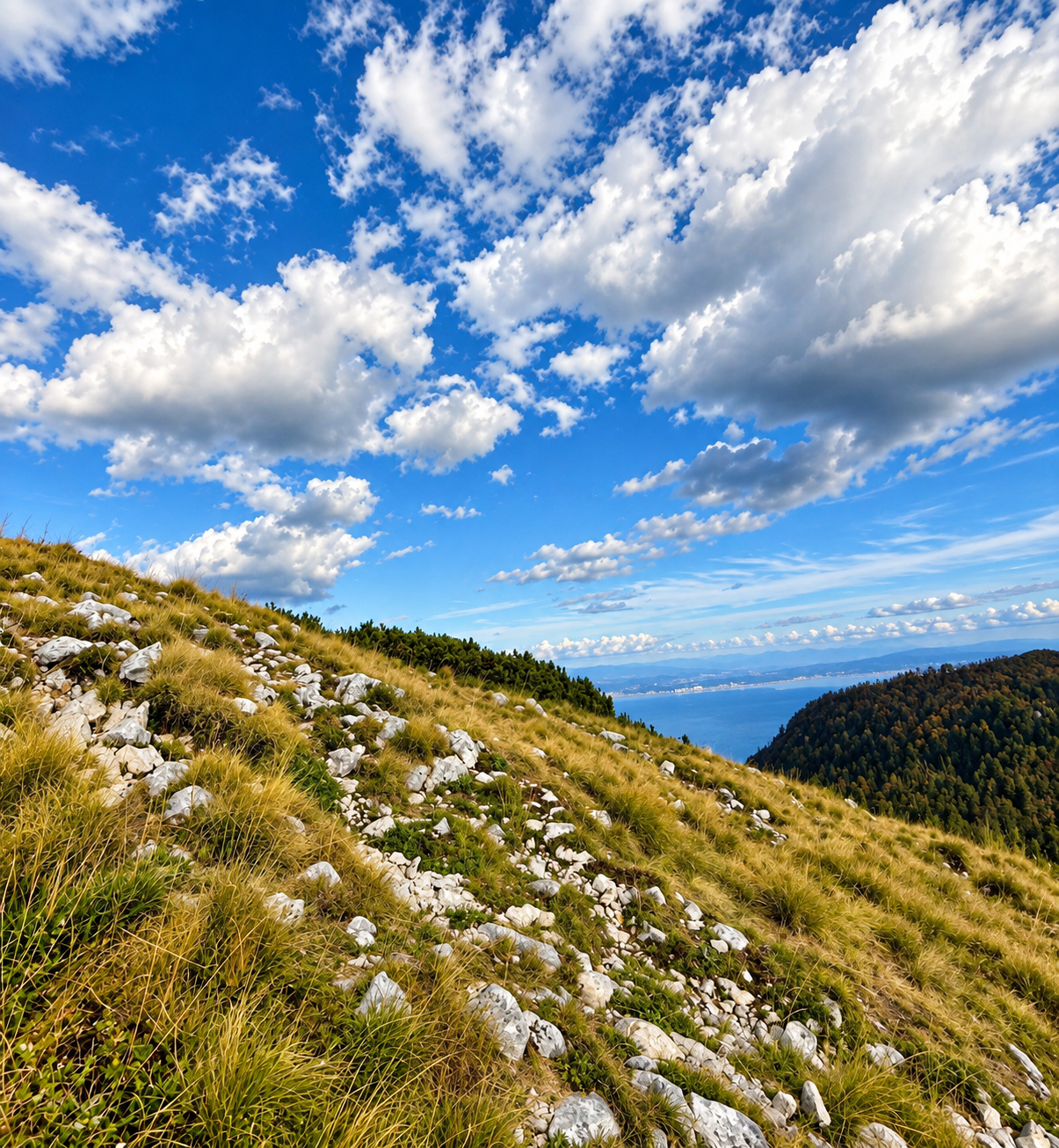 Stony Učka slope with the sea visible beyond the hills Stony Učka slope with the sea visible beyond the hills