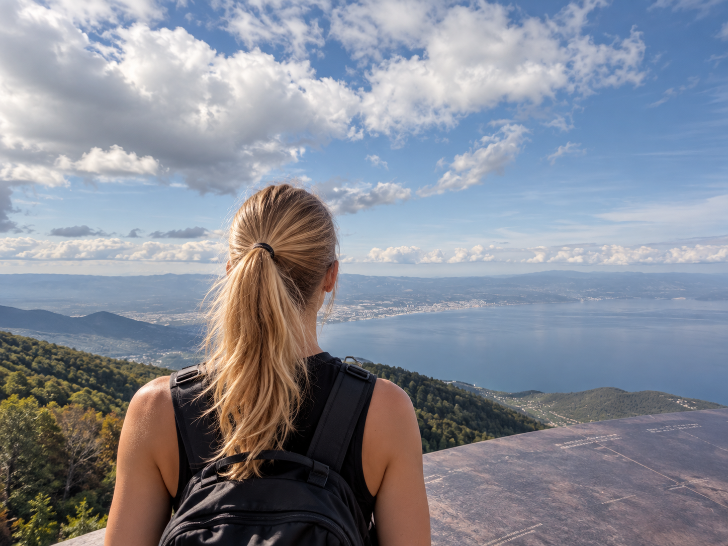 Hiker looking across Kvarner from an Učka viewpoint Hiker looking across Kvarner from an Učka viewpoint