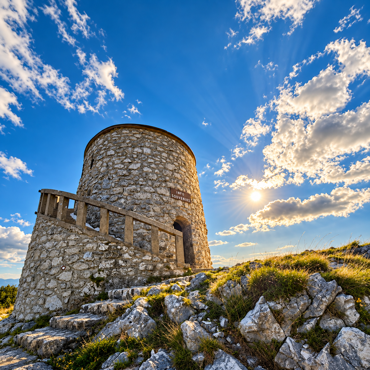The stone Vojak tower and its exterior staircase under a blue sky The stone Vojak tower and its exterior staircase under a blue sky