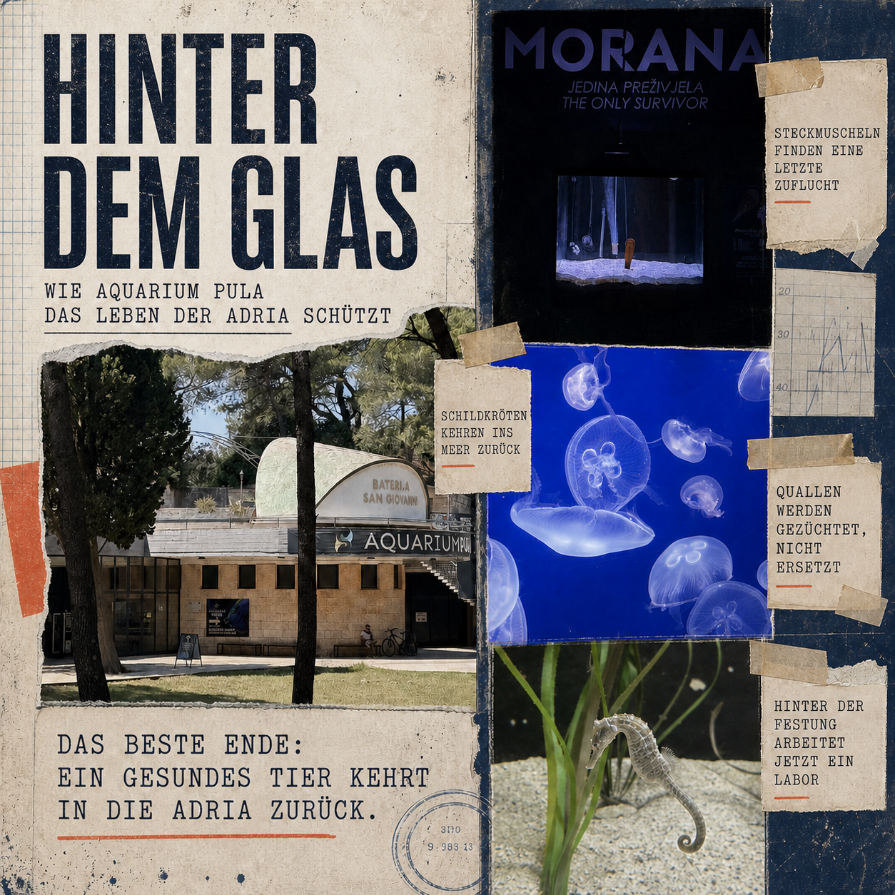 Hinter dem Glas im Aquarium Pula Collage mit Quallen, Seepferdchen, Morana und der Batterie San Giovanni im Aquarium Pula