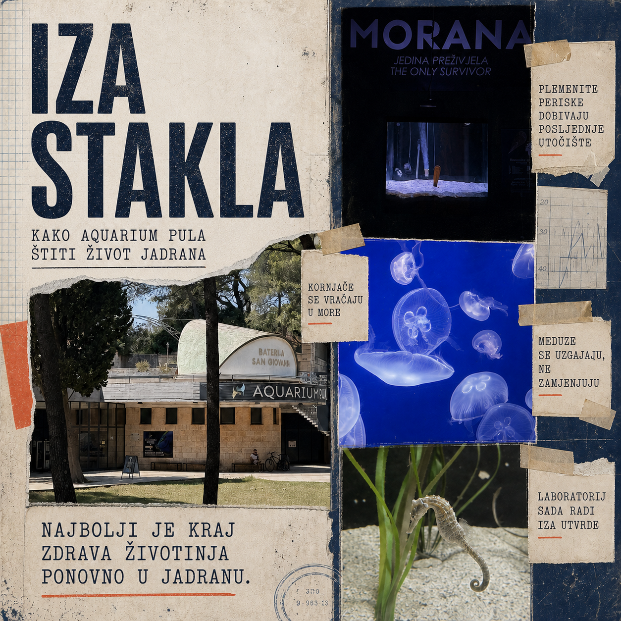 Iza stakla u Aquariumu Pula Kolaž meduza, morskog konjića, Morane i Baterije San Giovanni u Aquariumu Pula