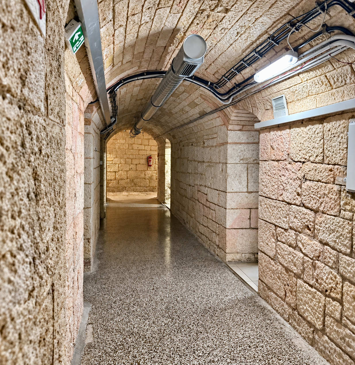 Conservation infrastructure behind fortress walls Curved stone passage inside the historic Aquarium Pula complex